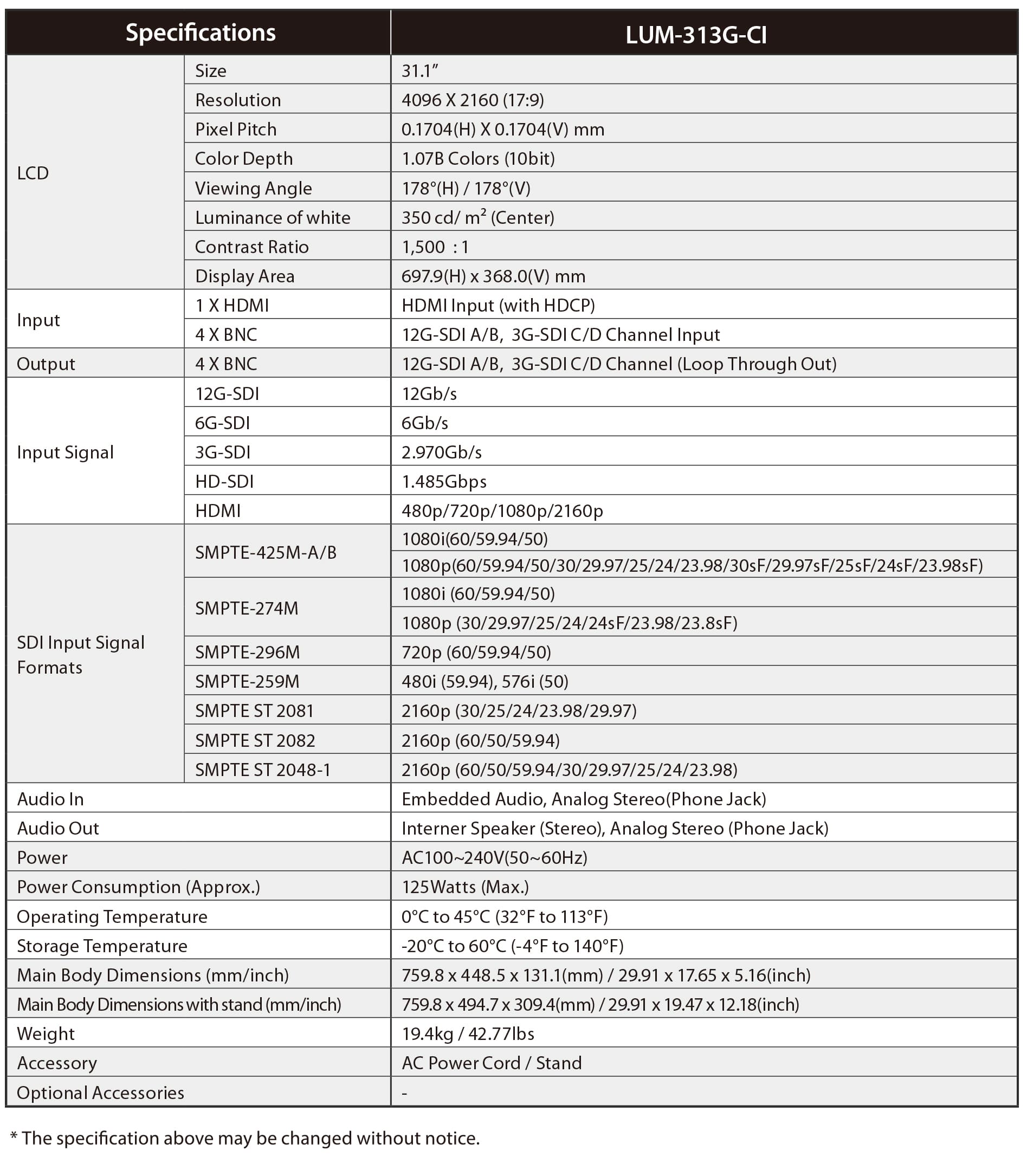 LUM-550H Specification